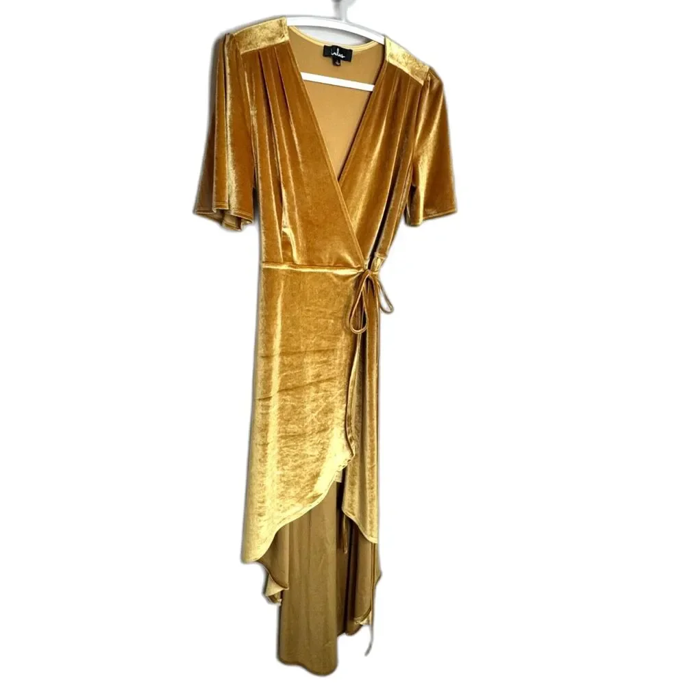 Lulus Gold Velvet Wrap Dress Large Boho Glam Asymmetrical Midi - Picture 3 of 6